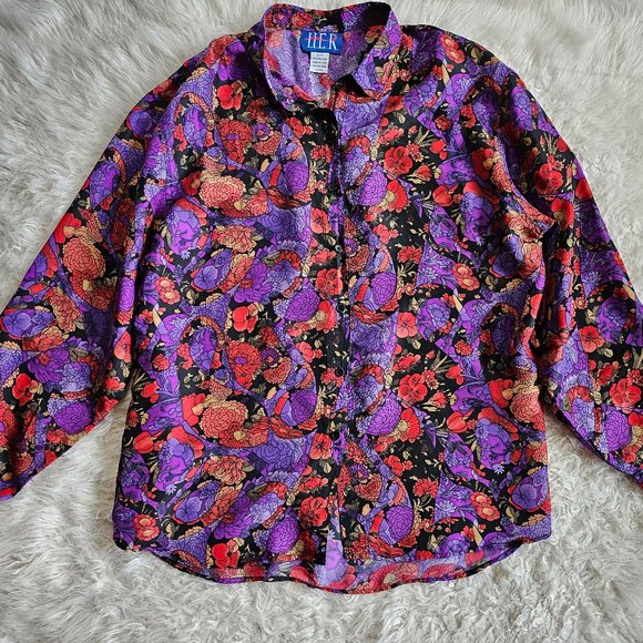 Vintage HER Women's 100% Silk Floral Long Sleeves Button Down Shirt Size L - Picture 2 of 8